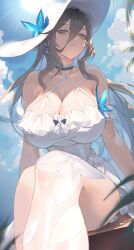 Rule 34 | 1girl, absurdres, aponia (honkai impact), aponia (mesmerizing blue), arms at sides, bare shoulders, blue sky, blurry, breasts, bug, cleavage, closed mouth, cloud, cloudy sky, collarbone, criss-cross halter, depth of field, dress, fern, floral print, foreshortening, from below, grey eyes, hair between eyes, half-closed eyes, halter dress, halterneck, hat, highres, honkai (series), honkai impact 3rd, huge breasts, lilithmy, long bangs, long hair, looking at viewer, mole, mole under eye, outdoors, sitting, sky, solo, sun hat, white dress, white hat