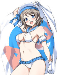 Rule 34 | 10s, 1girl, bikini, blue eyes, blush, breasts, cowboy shot, flag, frilled bikini, frills, gloves, hat, highres, holding, light brown hair, looking at viewer, love live!, love live! school idol festival, love live! sunshine!!, medium breasts, navel, open mouth, sailor bikini, sailor collar, sailor hat, sankuro (agoitei), short hair, simple background, smile, solo, standing, swimsuit, teeth, watanabe you, white background, white gloves