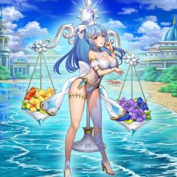 Rule 34 | 1girl, alternate costume, alternate hairstyle, arm under breasts, balance scale, blue hair, breasts, building, cleavage, flower, frigg (valkyrie connect), hair ornament, high heels, long hair, looking at viewer, navel, official art, pink eyes, ponytail, sand, solo, valkyrie connect, water, weighing scale