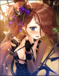 Rule 34 | 1girl, alternate costume, artist request, blue eyes, blush, bow, breasts, brown hair, cleavage, clenched hands, demon tail, fingerless gloves, gloves, hair ornament, hair over one eye, horn ornament, horns, long hair, medium breasts, official art, one eye covered, open mouth, paracelsus (phantom of the kill), phantom of the kill, ponytail, single horn, tail, wing ornament