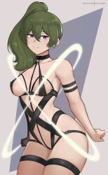 Rule 34 | 1girl, bare shoulders, black gloves, breasts, cleavage, collarbone, commentary, elbow gloves, gloves, green hair, highres, hioyami, long hair, looking at viewer, medium breasts, purple eyes, revealing clothes, side ponytail, single elbow glove, single glove, smile, solo, sorganeil, sousou no frieren, thighs, ubel (sousou no frieren)
