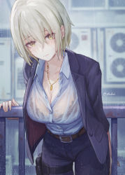 Rule 34 | 1girl, 3:, air conditioner, belt, belt buckle, black bra, black jacket, black pants, blonde hair, blush, bra, bra visible through clothes, breasts, buckle, closed mouth, collared shirt, cowboy shot, day, dress shirt, earrings, frown, highres, holster, jacket, jewelry, large breasts, leaning forward, long sleeves, looking at viewer, necklace, open clothes, open jacket, original, outdoors, pants, railing, rain, see-through, shirt, short hair, shouhei, solo, stud earrings, thigh strap, underwear, wet, wet clothes, wet shirt, yellow eyes