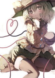 Rule 34 | 1girl, black hat, black thighhighs, blouse, bow, buttons, diamond button, eyeball, frilled shirt collar, frilled sleeves, frills, green eyes, green hair, green skirt, hat, hat bow, hat ribbon, heart, heart of string, highres, komeiji koishi, natsume suzuri, ribbon, shirt, sketch, skirt, solo, thighhighs, third eye, touhou, white background, wide sleeves, yellow bow, yellow ribbon, yellow shirt