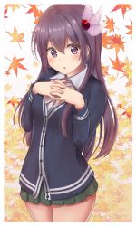 Rule 34 | 1girl, alternate costume, autumn, autumn leaves, blush, breasts, brown hair, cardigan, falling leaves, green skirt, grey sweater, hair between eyes, highres, kantai collection, kisaragi (kancolle), leaf, long hair, long sleeves, looking at viewer, minakami mimimi, neckerchief, open mouth, pleated skirt, purple eyes, ribbon, school uniform, shirt, skirt, small breasts, solo, sweater, white shirt