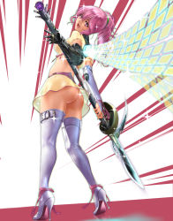 Rule 34 | 1girl, :d, ass, bad id, bad pixiv id, blush, boots, breasts, bridal gauntlets, cyborg, from behind, full body, halberd, high heel boots, high heels, highres, looking at viewer, mecha musume, mechanical arms, no panties, open mouth, original, pink eyes, pink hair, polearm, ponytail, see-through, shisshou senkoku, single mechanical arm, smile, solo, standing, thigh boots, thighhighs, thong, weapon, white footwear, white thighhighs