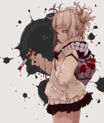 Rule 34 | 1girl, blonde hair, blood, blood on clothes, boku no hero academia, bottle, closed eyes, closed mouth, cowboy shot, double bun, from side, grey background, hair bun, hair ornament, heart, holding, holding knife, knife, kona (konahana), long sleeves, messy hair, miniskirt, pleated skirt, scarf, sideways glance, simple background, skirt, smile, solo, splatter, toga himiko, white background