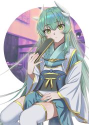 Rule 34 | 1girl, circle, commentary request, fate (series), fingernails, gold trim, green hair, hair spread out, hand on lap, hand up, head tilt, highres, holding, horns, kiyohime (fate), kujuu shikuro, long hair, long sleeves, looking at viewer, solo, thighhighs, very long hair, white thighhighs, wide sleeves, yellow eyes