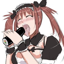 Rule 34 | 1girl, airi (queen&#039;s blade), blush, closed eyes, food, maid, maid headdress, miyana, open mouth, queen&#039;s blade, saliva, sexually suggestive, sushi, tongue, tongue out, twintails