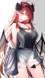Rule 34 | 1girl, absurdres, azur lane, bare shoulders, black horns, breasts, cleavage, cleavage cutout, clothing cutout, curled horns, demon girl, demon horns, demon wings, heart, heart cutout, highres, hindenburg (azur lane), horns, large breasts, low wings, purple eyes, red hair, slit pupils, solo, suimo (suimodayo), tail, wings