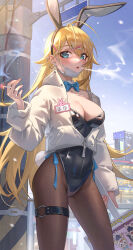 Rule 34 | 1girl, absurdres, animal ears, black pantyhose, blonde hair, blue eyes, breasts, cigarette, cropped jacket, ear piercing, fake animal ears, hair ornament, hairclip, highleg, highleg leotard, highres, holding, holding cigarette, jyuma, leotard, long hair, looking at viewer, mask, mask pull, medium breasts, mouth mask, original, pantyhose, partially unzipped, piercing, playboy bunny, rabbit ears, smoking, solo, thigh strap