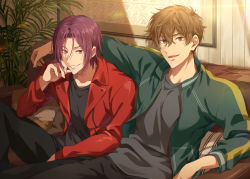 Rule 34 | 2boys, arm around shoulder, between legs, black pants, black shirt, brown hair, collarbone, collared jacket, couch, free!, green jacket, grin, hair between eyes, hand between legs, hand on own cheek, hand on own face, head rest, indoors, jacket, kirishima natsuya, knee up, looking at viewer, male focus, matsuoka rin, multiple boys, on couch, open mouth, painting (object), palm tree, pants, picture frame, plant, potted plant, red eyes, red hair, red jacket, sharp teeth, shirt, side-by-side, sitting, smile, striped pillow, teeth, track jacket, tree, wooden wall, zattape
