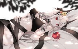 Rule 34 | 1girl, :o, apple, arknights, armlet, barefoot, bikini, black bikini, breasts, cleavage, collar, commentary request, dappled sunlight, day, flower, food, from side, fruit, hair flower, hair ornament, hand on own stomach, highres, holding, holding food, holding fruit, horns, infection monitor (arknights), jewelry, large breasts, long hair, looking at viewer, looking away, material growth, mudrock (arknights), mudrock (silent night) (arknights), navel, necklace, official alternate costume, oripathy lesion (arknights), outdoors, parted lips, pointy ears, profnote, red eyes, red flower, silver hair, solo, sunlight, swimsuit, very long hair, yellow flower