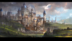 Rule 34 | castle, cityscape, cloud, fom (lifotai), grass, highres, letterboxed, no humans, original, scenery, sunlight, tower