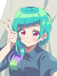 Rule 34 | 1girl, blue hair, blue shirt, blush, closed mouth, collared shirt, commentary request, diagonal bangs, green hair, hair over shoulder, hand up, highres, long hair, looking at viewer, multicolored hair, official alternate hairstyle, omega auru, pretty series, purple hair, red eyes, shirt, short sleeves, smile, solo, tsujii luki, upper body, v, waccha primagi!