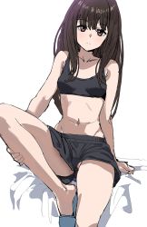 Rule 34 | 1girl, black bra, blush, bow (bhp), boyshort panties, bra, breasts, brown eyes, brown hair, closed mouth, head tilt, knee up, long hair, looking at viewer, navel, original, partially visible vulva, simple background, slippers, small breasts, solo, sports bra, stomach, underwear, underwear only, white background