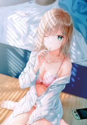 Rule 34 | 1girl, absurdres, barefoot, bed, between legs, bra, breasts, brown hair, cellphone, cleavage, collarbone, green eyes, hair ornament, hand between legs, hashimoto sana, highres, hiten (hitenkei), holding, long sleeves, looking at viewer, mouth hold, nail polish, nintendo switch, off shoulder, on floor, one eye closed, open clothes, open shirt, original, panties, phone, pink bra, pink panties, scan, shirt, sitting, solo, tears, toenail polish, toenails, unbuttoned, unbuttoned shirt, underwear, wariza, white shirt, x hair ornament
