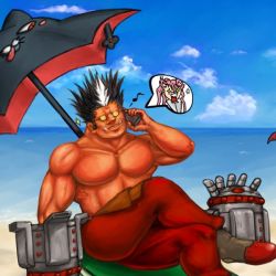 Rule 34 | 1boy, 1girl, arc system works, beach, beach umbrella, blazblue, blazblue: calamity trigger, cellphone, cloud, day, fangs, gauntlets, glasses, iron tager, kokonoe (blazblue), crossed legs, muscular, musical note, nago, ocean, outdoors, pants, phone, red pants, sand, topless male, sitting, sky, umbrella