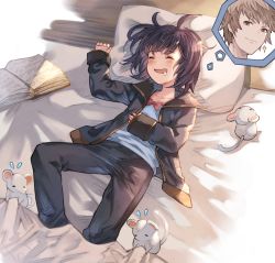 Rule 34 | 1boy, 1girl, ^ ^, ayacho, black hair, blanket, blush, book, brown eyes, brown hair, closed eyes, closed mouth, dreaming, flying sweatdrops, gran (granblue fantasy), granblue fantasy, jacket, lying, medium hair, messy hair, mouse (animal), on back, on bed, open mouth, pajamas, pillow, sleeping, smile, solo, sparkle, vikala (granblue fantasy)