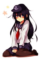 Rule 34 | 10s, 1girl, akatsuki (kancolle), anchor symbol, black pantyhose, blouse, blush, flat cap, full body, hat, kantai collection, loafers, long sleeves, looking at viewer, neckerchief, pantyhose, pleated skirt, purple eyes, purple hair, red neckerchief, sailor collar, school uniform, seiza, serafuku, shirt, shoes, simple background, sitting, skirt, solo, umino (anesthesia), white background