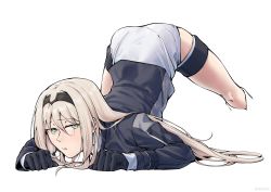Rule 34 | 1girl, absurdres, all fours, an-94 (girls&#039; frontline), artist request, expressionless, girls&#039; frontline, gloves, green eyes, hands on ground, highres, jack-o&#039; challenge, platinum blonde hair, solo, spread legs, thighs, white background, wide spread legs