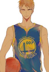 Rule 34 | 1boy, a8fsk6214, ball, bare shoulders, basketball, basketball (object), basketball jersey, basketball uniform, blonde hair, blue shirt, closed mouth, commentary request, ear piercing, golden state warriors, holding, holding ball, kise ryouta, kuroko no basuke, male focus, national basketball association, piercing, shirt, short hair, simple background, smile, solo, sportswear, toned, toned male, tsurime, white background, yellow eyes