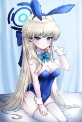 Rule 34 | 1girl, animal ears, blonde hair, blue archive, blue bow, blue bowtie, blue hair, blue halo, blue leotard, blush, bow, bowtie, breasts, cleavage, collar, detached collar, earpiece, fake animal ears, halo, highres, kaisin ao, leotard, long hair, medium breasts, multicolored hair, official alternate costume, playboy bunny, rabbit ears, solo, strapless, strapless leotard, streaked hair, thighhighs, toki (blue archive), toki (bunny) (blue archive), very long hair, white collar, white thighhighs, white wrist cuffs, wrist cuffs