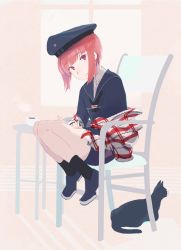 Rule 34 | 1girl, black cat, black footwear, black socks, brown eyes, brown hair, cat, chair, closed mouth, clothes writing, cup, hat, highres, indoors, kantai collection, long sleeves, looking at viewer, military, military hat, military uniform, on chair, peaked cap, sailor collar, shirt, shoes, short hair, sitting, socks, solo, steam, table, uniform, window, you (yawnmgmg), z3 max schultz (kancolle)