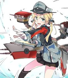 Rule 34 | 1girl, anchor hair ornament, aqua eyes, black ribbon, black skirt, blonde hair, cannon, foreshortening, gloves, hair ornament, hat, ixy, kantai collection, low twintails, machinery, microskirt, military, military hat, military uniform, open mouth, outstretched arm, peaked cap, pleated skirt, prinz eugen (kancolle), ribbon, rigging, skirt, solo, twintails, uniform, white background, white gloves