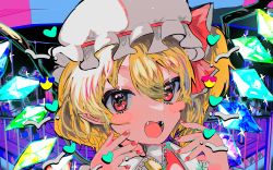 Rule 34 | 1girl, absurdres, blonde hair, blouse, blush stickers, collar, commentary, crystal, fangs, flandre scarlet, hair between eyes, hands up, hat, hat ribbon, heart, highres, looking at viewer, mob cap, momae makku, nail polish, one side up, open mouth, pointy ears, portrait, red eyes, red nails, red ribbon, red vest, ribbon, rotated, shirt, short hair, solo, sparkle, touhou, vest, white collar, white hat, white shirt, wings