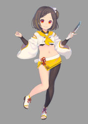 Rule 34 | 1girl, bow, braid, braided bangs, breasts, buttons, closed mouth, contrapposto, cropped shirt, dagger, double-breasted, enkyo yuuichirou, flower knot, full body, grey background, grey hair, hair bow, hands up, high heels, highres, holding, holding dagger, holding knife, holding weapon, houchou masamune, knife, long sleeves, looking at viewer, medium hair, midriff, miniskirt, multicolored hair, navel, neckerchief, official art, one side up, red eyes, shirt, short sword, simple background, single leg pantyhose, skirt, small breasts, smile, solo, stirrup footwear, streaked hair, sword, tantou, tenka hyakken, vambraces, weapon, white bow, white shirt, yellow neckerchief, yellow skirt