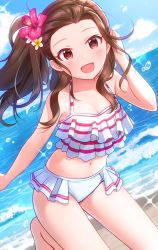 Rule 34 | 1girl, barefoot, beach, bikini, blue sky, brown hair, cloud, cloudy sky, commentary, day, flower, frilled bikini, frills, hair flower, hair ornament, halterneck, hand in own hair, hibiscus, highres, horizon, idolmaster, idolmaster cinderella girls, leg up, long hair, looking at viewer, nagononn, navel, ocean, open mouth, outdoors, red eyes, seki hiromi, side ponytail, sky, smile, solo, sparkle, standing, standing on one leg, striped bikini, striped clothes, swimsuit, water drop, white bikini, wind