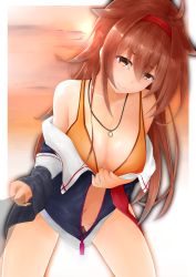 Rule 34 | 1girl, absurdres, ahoge, bad id, bad pixiv id, bikini, black jacket, blush, breasts, brown eyes, cleavage, closed mouth, collarbone, hair flaps, headband, highres, jacket, jewelry, kantai collection, large breasts, leaning forward, long hair, looking at viewer, necklace, open clothes, open jacket, outside border, red hair, red headband, remodel (kantai collection), ring, ring necklace, shiratsuyu (kancolle), smile, solo, sunset, swimsuit, terebi-, wedding band, yellow bikini, zipper