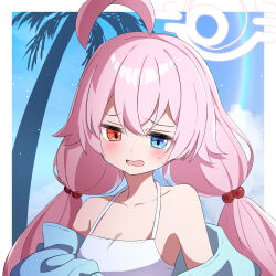 Rule 34 | 1girl, ahoge, ame., bikini, blue archive, blue eyes, blue jacket, breasts, cleavage, collarbone, commentary request, hair between eyes, hair bobbles, hair ornament, halo, heterochromia, highres, hoshino (blue archive), hoshino (swimsuit) (blue archive), jacket, long hair, low twintails, off shoulder, open clothes, open jacket, palm tree, pink hair, red eyes, small breasts, solo, swimsuit, tree, twintails, upper body, white bikini