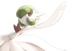 Rule 34 | 1girl, artist name, bare shoulders, bob cut, colored skin, creatures (company), dress, dutch angle, elbow gloves, female focus, flat chest, game freak, gardevoir, gen 3 pokemon, gloves, green hair, hair over one eye, highres, ikei, jpeg artifacts, looking to the side, mega gardevoir, mega pokemon, nintendo, open mouth, pokemon, pokemon (creature), red eyes, short hair, signature, simple background, solo, standing, strapless, strapless dress, white background, white dress, white gloves, white skin