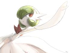 1girl artist_name bare_shoulders bob_cut colored_skin creatures_(company) dress dutch_angle elbow_gloves female_focus flat_chest game_freak gardevoir gen_3_pokemon gloves green_hair hair_over_one_eye highres ikei jpeg_artifacts looking_to_the_side mega_gardevoir mega_pokemon nintendo open_mouth pokemon pokemon_(creature) red_eyes short_hair signature simple_background solo standing strapless strapless_dress white_background white_dress white_gloves white_skin