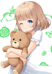 Rule 34 | 1girl, 7fuji 06, blue eyes, blunt bangs, blush, brown hair, bug, butterfly, dress, flower, highres, holding, holding stuffed toy, insect, looking at viewer, one eye closed, original, short hair, short sleeves, smile, solo, stuffed animal, stuffed toy, teddy bear, upper body