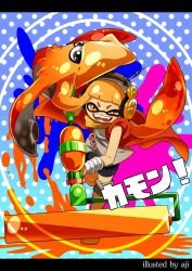 Rule 34 | 1girl, aji (coastal area), artist name, bike shorts, chain, cosplay, english text, engrish text, fangs, full body, gradient background, headphones, highres, inkling, inkling girl, inkling player character, jojo no kimyou na bouken, jpeg artifacts, letterboxed, long coat, mohammed avdol, mohammed avdol (cosplay), nintendo, open mouth, orange eyes, orange hair, paint roller, paint splatter, pointy ears, polka dot, polka dot background, ranguage, scarf, smile, splat roller (splatoon), splatoon (series), splatoon 1, squid, tentacle hair, translation request, wrist cuffs
