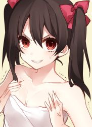 Rule 34 | 10s, 1girl, anger vein, bad id, bad twitter id, bare shoulders, black hair, bow, breast conscious, breasts squeezed together, breasts, collarbone, grin, hair bow, highres, ichinose yukino, looking at viewer, love live!, love live! school idol project, naked towel, red eyes, small breasts, smile, solo, sweatdrop, towel, trembling, upper body, yazawa nico