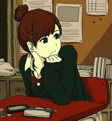 Rule 34 | 1girl, bag, book, book stack, bow, brown eyes, brown hair, bulletin board, cellphone, collared shirt, colored skin, desk, hair bun, handbag, head rest, highres, hosoo, looking to the side, original, paper, phone, pouch, red bow, safety pin, school desk, school uniform, shelf, shirt, short hair, single hair bun, sleeves past wrists, smile, solo, sweater, swept bangs, white skin
