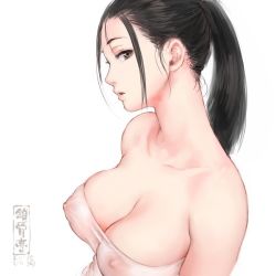 Rule 34 | 1girl, artist logo, bare shoulders, black eyes, black hair, breasts, cleavage, collarbone, covered erect nipples, from side, large breasts, long hair, looking at viewer, looking to the side, nape, original, parted lips, ponytail, shu-mai, sideways glance, simple background, solo, strapless, upper body, white background