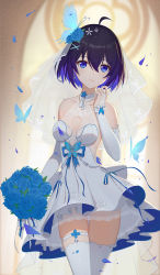 Rule 34 | 1girl, absurdres, ahoge, bare shoulders, black hair, blue butterfly, blue eyes, blue flower, blue hair, blue rose, blurry, blurry background, bouquet, breasts, bridal gauntlets, bridal veil, bride, bug, butterfly, butterfly hair ornament, cleavage cutout, clothing cutout, colored inner hair, commentary, cowboy shot, dress, earrings, flower, gloves, hair between eyes, hair flower, hair ornament, halter dress, halterneck, heart-heavenly5, highres, holding, holding bouquet, honkai (series), honkai impact 3rd, indoors, insect, jewelry, looking at viewer, medium breasts, multicolored hair, rose, seele vollerei, short dress, smile, thighhighs, two-tone hair, veil, wedding dress, white dress, white gloves, white thighhighs, x hair ornament