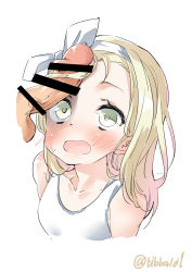 Rule 34 | 10s, 1girl, bad id, bad twitter id, bar censor, blonde hair, blush, bow, censored, commentary request, ebifurya, erection, hair bow, highres, i-504 (kancolle), inactive account, kantai collection, long hair, luigi torelli (kancolle), open mouth, penis, penis awe, penis on face, simple background, sleeveless, solo focus, sweat, twitter username, upper body, white background, white bow, yellow eyes