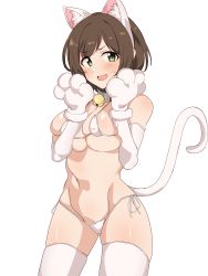Rule 34 | 1girl, absurdres, animal ears, animal hands, bare shoulders, bell, bikini, blush, breasts, brown hair, cat ears, cat tail, choker, cleavage, elbow gloves, gloves, green eyes, highres, idolmaster, idolmaster cinderella girls, large breasts, looking at viewer, maekawa miku, micro bikini, navel, neck bell, open mouth, paw gloves, seihekiog, skindentation, smile, solo, swimsuit, tail, thighhighs, thighs, white background, white bikini, white gloves, white thighhighs