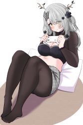 Rule 34 | 1girl, absurdres, bakedmonogamy, blush, breasts, ceres fauna, cleavage, goth fashion, grey hair, highres, hololive, hololive english, large breasts, long hair, looking at viewer, navel, pantyhose, plump, pout, solo, virtual youtuber, yellow eyes