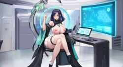 Rule 34 | 1girl, aeon fantasy, artemis (aeon fantasy), breasts, breasts out, cleavage, computer, crossed legs, huge breasts, large areolae, nipples, official art, sitting, thick thighs, thighs