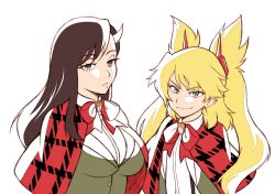 Rule 34 | 2girls, black hair, blonde hair, blue eyes, breasts, burn the witch, capelet, floating hair, green eyes, half-closed eyes, horns, kitsune23star, large breasts, long hair, looking at viewer, multiple girls, niihashi noel, ninny spangcole, plaid capelet, red capelet, single horn, smile, twintails