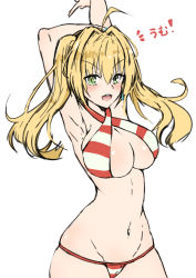 Rule 34 | 1girl, ahoge, armpits, arms up, blonde hair, blush, breasts, cleavage, fate/grand order, fate (series), green hair, hair between eyes, hair intakes, hip focus, large breasts, long hair, looking at viewer, nakatokung, navel, nero claudius (fate), nero claudius (fate) (all), nero claudius (swimsuit) (fate), nero claudius (swimsuit caster) (fate), open mouth, simple background, sketch, smile, solo, teeth, twintails, white background
