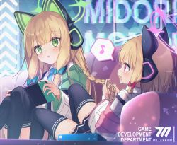 Rule 34 | 2girls, absurdres, alternate hair length, alternate hairstyle, animal ear headphones, animal ears, black legwear, blue archive, cat ear headphones, commentary request, couch, english text, fake animal ears, green eyes, halo, headphones, highres, huge filesize, jacket, long hair, midori (blue archive), momoi (blue archive), multiple girls, playing games, playing with another&#039;s hair, red eyes, saiki komari, school uniform, short hair, siblings, sisters, thighhighs, twins