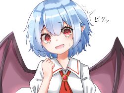 Rule 34 | 1girl, ^^^, ascot, bat wings, blue hair, blush, brooch, fang, flat chest, furrowed brow, head tilt, highres, jewelry, kiui (dagk8254), light blue hair, nervous, nervous smile, no headwear, pointy ears, puffy short sleeves, puffy sleeves, red ascot, red eyes, remilia scarlet, shirt, short hair, short sleeves, simple background, smile, solo, sweatdrop, touhou, upper body, white background, white shirt, wings