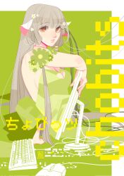 1girl android blunt_bangs character_name chii chobits commentary computer_keyboard computer_mouse dress green_background green_dress green_theme grey_hair highres long_hair looking_at_viewer mhaikkun monitor parted_lips profile robot_ears sitting solo strapless strapless_dress